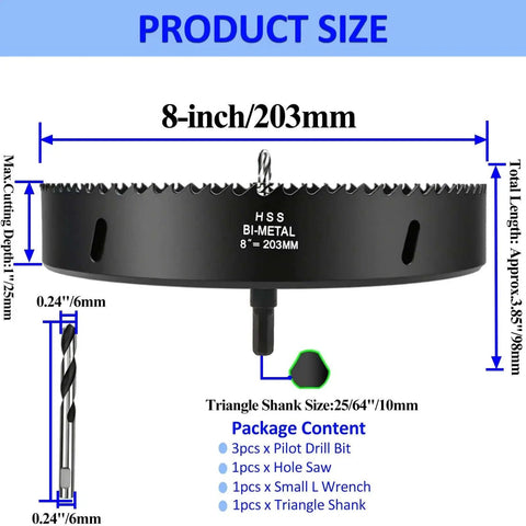 Heavy Duty 8 Inch Bi Metal Hole Saw Kit For Metal And Wood Rannb Bi Metal Cutter Set With Sharp Teeth, front view with drill bit