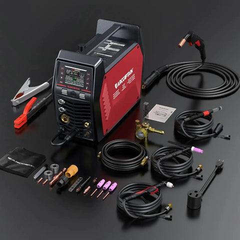 9 In 1 MIG TIG Stick Plasma Cutter Welding Machine With App Control, Dual Voltage 120/240V, accessories and cables displayed