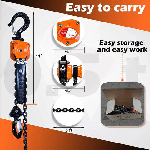 Mini Lever Chain Hoist One Quarter Ton 10 Foot Ratchet Chain Puller With Hooks, compact design with safety latch and hook