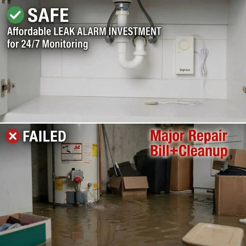 Water Leak Sensor Alarm For Basement And RV Moisture Detection in use under sink and flooded basement comparison image