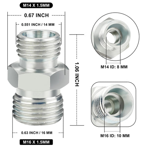 ANCIMOON 4pc M14–M16 hydraulic adapter fittings for mini excavator hoses, DIN style, M14 ID 8mm, M16 ID 10mm