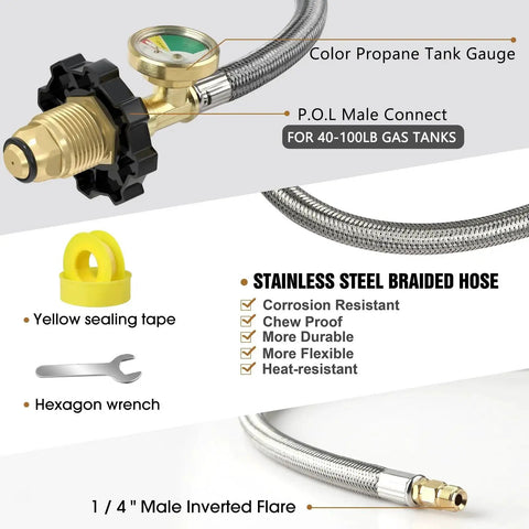 Two Stage Automatic Changeover LP Propane Gas Regulator With 36 Inch RV Pigtail Hoses And Gauge POL Connect 100 Lb Tank Regulator One Quarter Inch Inverted Male Flare details