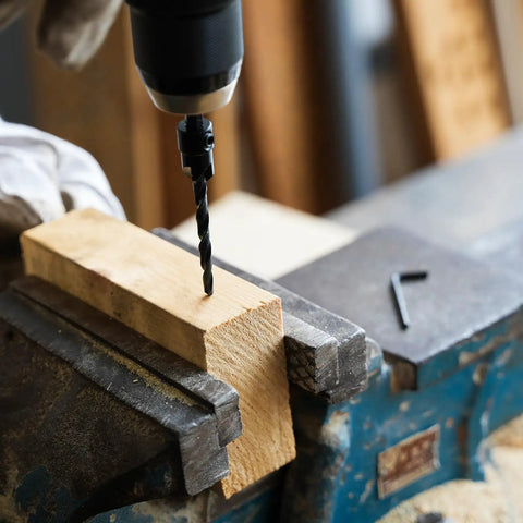 Drill in use on wood with 15-Piece Countersink Drill Bit Set With Adjustable Tapered Countersinks Wood Plug Cutters Magnetic Ext