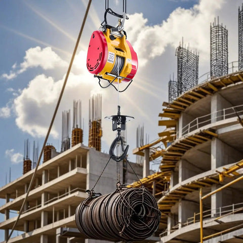 2 In 1 Electric Hoist Winch 1100 Lb Capacity 1800W 98 Ft Lift Remote Control lifting steel wires at construction site