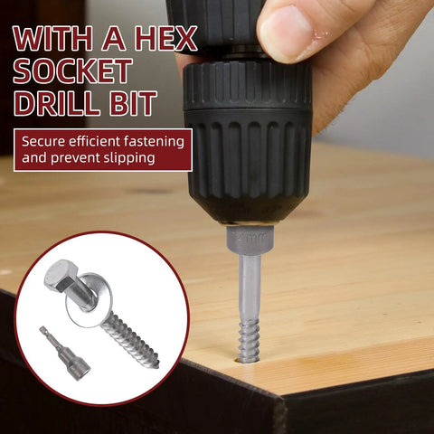 Hex socket drill bit securing heavy duty wood lag screw into wooden board, part of the Heavy Duty Wood Lag Screws Set 304 Stainless Steel 3/8 Inch By 3 Inch Hex Head Bolts With Washers 50 Pack Includes 50 Washers And Hex Socket Drill For Decks Fences Outdoor Projects