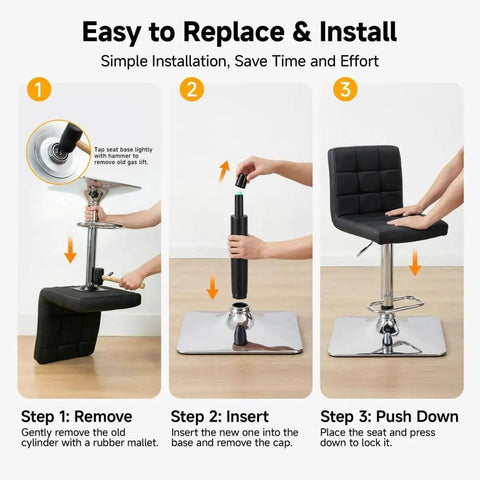 Installation steps for Beefy Heavy Duty Gas Lift Cylinder Replacement 1000 lb capacity for bar stools and office chairs.