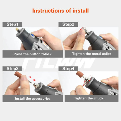 Four-step installation guide for Sixteen Piece Drill Chuck Collet Set For Rotary Tools 0.8 To 3.2 Millimeter Range Replacement 4486 Keyless Bit