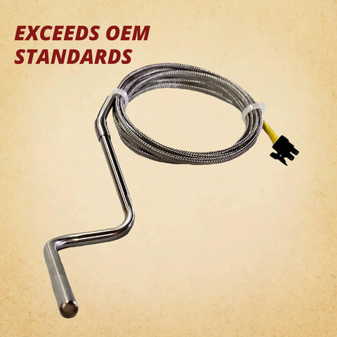 Quadrafire Thermocouple K with braided stainless cable and bent metal probe, angled view, yellow insulated plug
