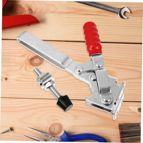 Two Pack Welding Toggle Clamps Quick Release Fixed Clamps Heavy Duty Iron Welding Tool on wooden workbench with tools.