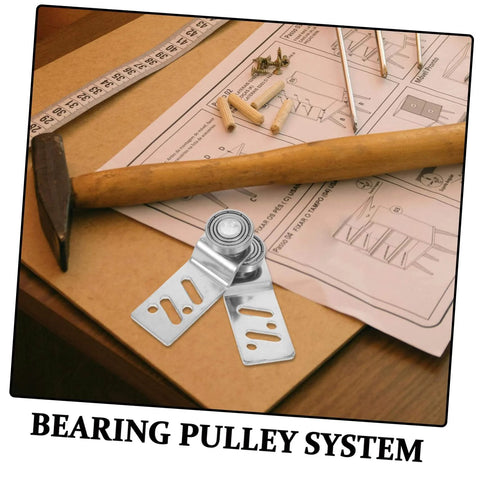 Beefy Stainless Steel Sliding Door Pulley Kit With Track Mounted Roller displayed on instructions with hammer and tools