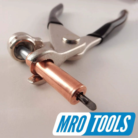 Close-up of a 1/8 Inch Cleco Sheet Metal Fasteners Kit With 100 Pieces, Plier Operated, copper finish, showing the plier tool.