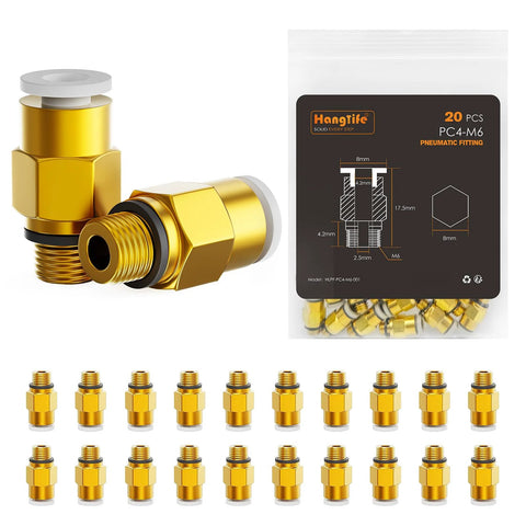 HANGLIFE PC4-M6 push-to-connect pneumatic fittings for 3D printers, gold brass, 1.75mm filament adapters, pack of 20