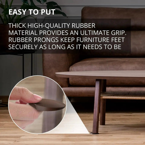 Close-up of 30 Pack 2 Inch Brown Rubber Furniture Levelers with non-slip grip under a wooden table.