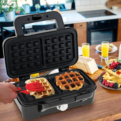 3 In 1 Sandwich Maker Waffle Maker With Removable Plates And Panini Press, 1200W, in use making waffles on a kitchen counter