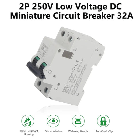 2-Pole 250V DC Miniature Circuit Breaker For Solar Systems, Din Rail Mount, Quick-Trip DC Breaker, C65H-DC, 32A, side view