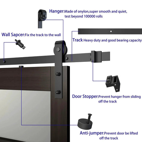 Hardware components of the 36 Inch By 84 Inch Glass Barn Door With 6.6 Foot Sliding Door Hardware Kit Included And Handle.