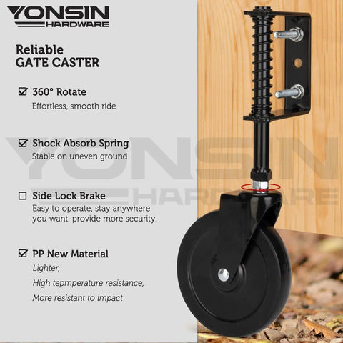 5-Inch Heavy Duty Spring Loaded Gate Caster With 360-Degree Swivel For Wooden Gates And Fences, Anti Sag Gate Kit For Metal Tube Gates, 200 Lb Capacity Per Pair, Black, Two Pack Drag Gate Wheels