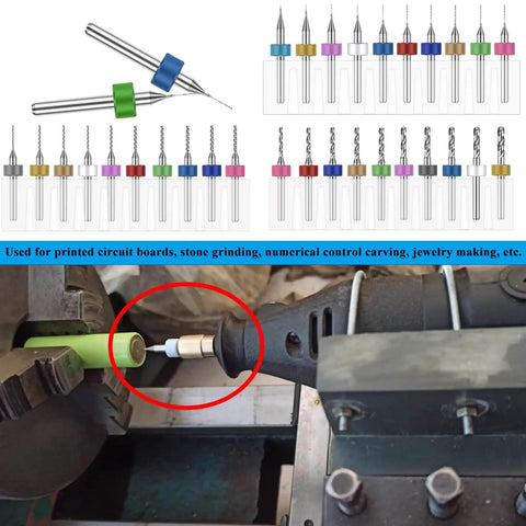 30Pcs Micro Drill Bit Set For Dremel And CNC Tools Tungsten Carbide Spiral Flute Bits 0.1mm to 3.0mm in use on a power tool