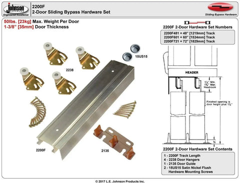 Twin Wheel Bypass Sliding Door Hardware Kit For Doors 1 3 8 Inch Thick, 75 Pound Capacity, Residential Grade Top Hung Track System With Aluminum Fascia And Hi Lite Design To Hide Blemishes, 48 Inch Length.