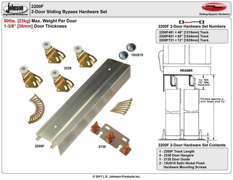 Twin Wheel Sliding Bypass Door Hardware Set For 30 Inch Doors 60 Inch Total Residential Grade Top Hung Kit With Aluminum Fascia Track And Hi Lite Design To Hide Scratches 2 Door System For Smooth Easy Operation shown in parts with mounting components