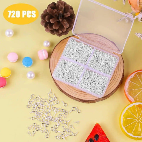 Three Styles Mini Screw Eye Pins Set 720 Pcs Silver Eye Screws for DIY Crafts in Storage Box on Decorative Surface