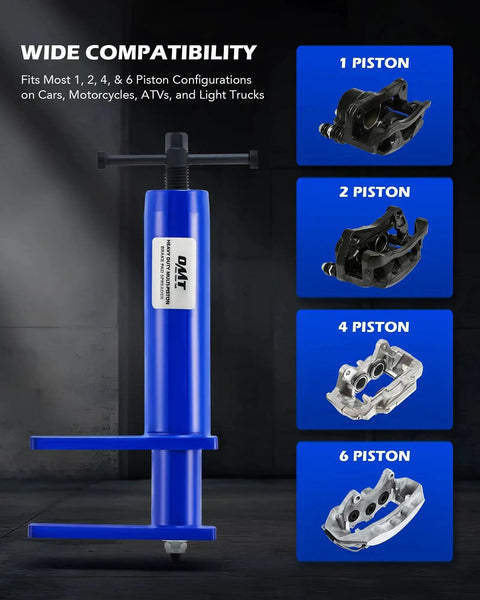 Front view of Orion Motor Tech brake pad spreader, blue hydraulic caliper piston compressor tool with T-handle