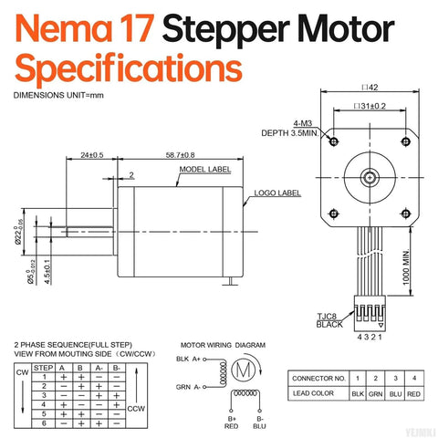 Technical diagram of Beefy Torque Nema 17 Stepper Motor 2 Phase 1.8 Degree for 3D Printers DIY CNC Machines with dimensions