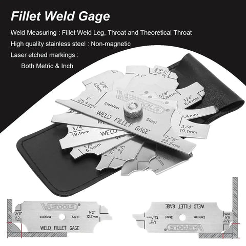 Stainless steel fillet weld gauge with leather pouch, featuring etched markings for measuring weld leg and throat sizes.