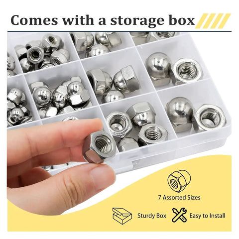 Durable 304 Stainless Steel Acorn Nuts Assortment Kit – 100 Pieces with Sizes Like 6#32 displayed in a storage box.