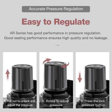 SNS AR2000-N02 air compressor pressure regulator with gauge, bracket, 1/4 NPT, 0–150 PSI, front view