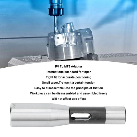 R8 to MT3 adapter in alloy steel with Morse taper socket for milling machine arbor; front view