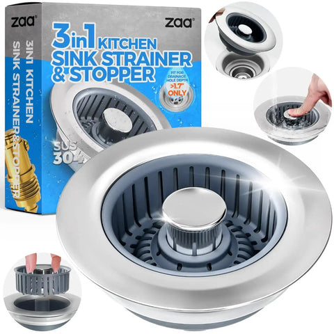 3 In 1 Kitchen Sink Drain Strainer With Stopper And Odor Barrier Basket in stainless steel, shown in packaging and usage views