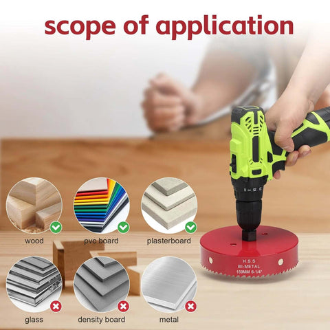 Drill with 6-1/4 Inch Bi Metal Hole Saw For Recessed Lighting With Hex Shank Drill Bit Adapter on wood, PVC, drywall surfaces.