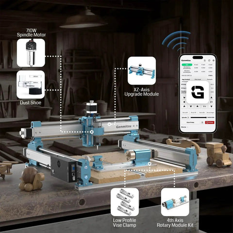 Workhorse CNC Router Machine For Metal And Acrylic Cutting With GRBL Control 4040 Pro on a wooden table, surrounded by accessories and smartphone app.