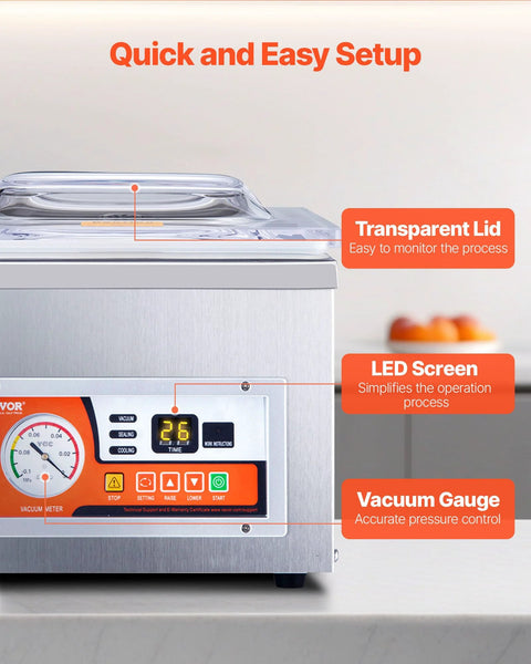 Chamber vacuum sealer, stainless steel body, transparent lid, LED display, vacuum gauge