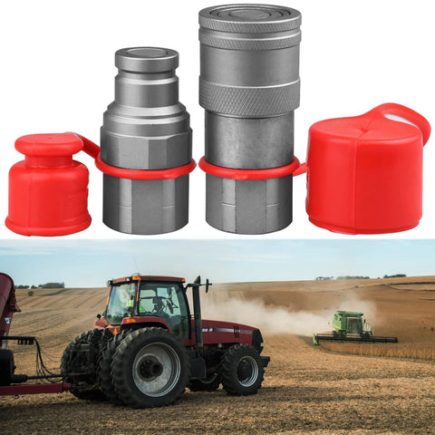 Two 3/8 in flat-face hydraulic quick-connect couplers with red dust caps, steel bodies, ISO 16028, 3/8 in NPT threads