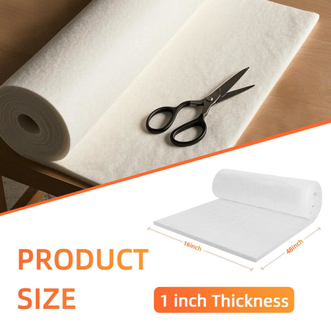 Ceramic fiber blanket roll, white, 48x16x1 in; high-temp insulation for stoves and chimneys, with scissors for scale