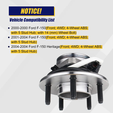 Front Wheel Bearing And Hub Assembly Fits Ford F150 2000 2001 2002 2003 2004 Front 4WD With 5 Lug Hub And ABS Ready Replacement