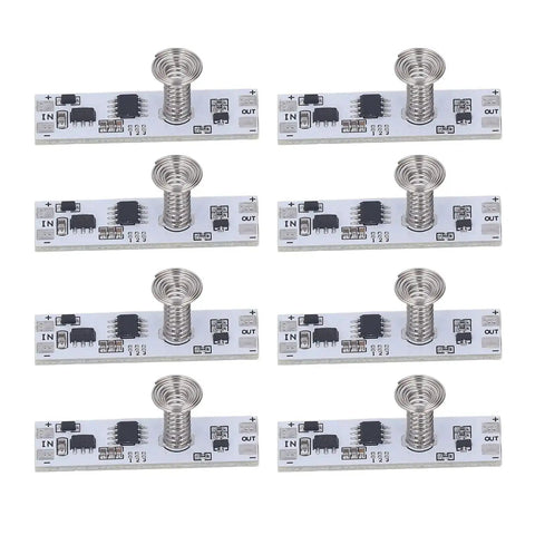 Eight 8-channel capacitive touch LED dimmer panels for cabinets and under-cabinet lighting, 5-24V DC, 72W max, stepless control module.