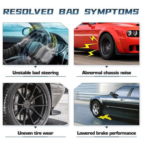 Illustration of resolved car issues: steering, chassis noise, tire wear, and brake performance after front suspension upgrade.