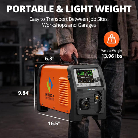 Person holding portable 65A Dual Voltage Plasma Cutter 110V 220V With Non HF Non Touch Pilot Arc CNC Ready, shown with dimensions.