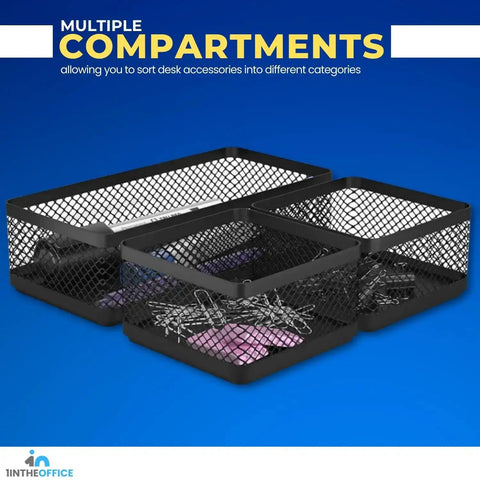 Mesh Desk Drawer Organizer Tray With 3 Stackable Compartments In Matte Black shown holding paper clips and sticky notes.