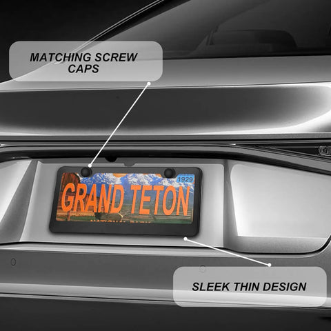 Matte Black 2 Pack License Plate Frame Holder With 2 Holes, 304 Stainless Steel, Rustproof And Easy Mounting Accessories, 12.25 By 6.3 Inches, Street Legal, Fits All Plates In Canada installed on a vehicle with matching screw caps.