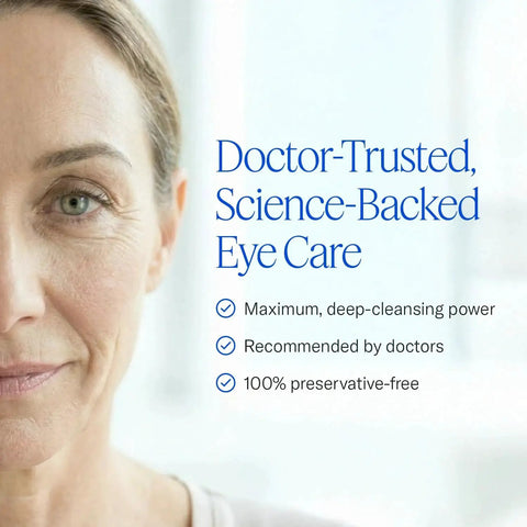 Woman's face with text highlighting doctor-trusted, science-backed eye care benefits for Natural Eyelid Towelettes for Demodex and Blepharitis Cleanser with Tea Tree Oil.
