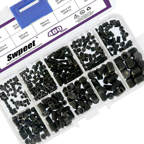 400Pcs Allen Head Socket Cup Point Set Screws Kit With 10 Sizes M3 M4 M5 M6 M8 Internal Hex Drive For Doors Handles Faucets Light Fixtures And DIY Repairs displayed in plastic organizer