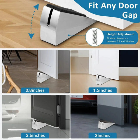 Two Pack Heavy Duty Door Stopper With Spring Loaded Adjustable Height Up To Three Inches Tall Wedge For Bottom Of Door Anti Slip Top And Bottom Rubber Lock Design Fits 0.8 To 3 Inch Clearances For Heavy Doors in various settings.