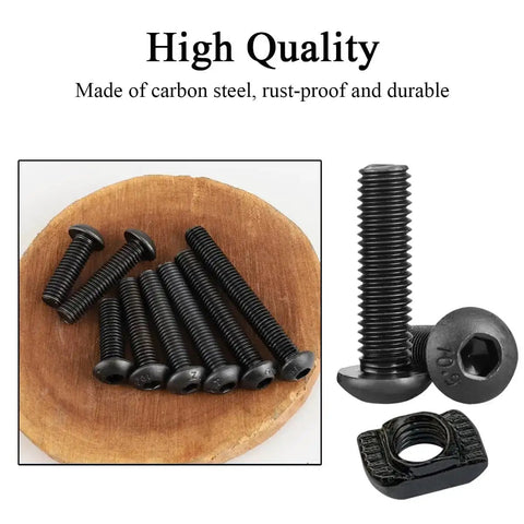 Close-up of M5 bolts and T-nuts from the 252 Piece M5 T Nuts And T-Slot Bolts Extrusion Accessories Kit for 2020 aluminum extrusion.