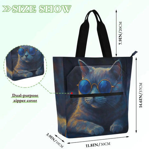 All Weather Nylon Tote Bag For Women Water Repellent Everyday School Nurse Work Tote With Reinforced Straps featuring cat with sunglasses design