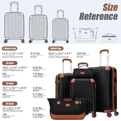 Road Ready Five Piece Luggage Set With Wheels Featuring Durable ABS Hard Shell TSA Lock And Smooth Spinner Wheels Includes Grab And Go 28 Large 24 Medium 20 Carry On Luggage Plus Extended Duffle And Toiletry Bag By Cosbarn with size chart