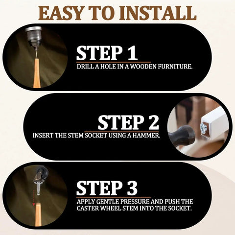Installation steps for Ten Pack Vintage Brass Stem Caster Wheels with 1-5/8 inch rubber wheels and 1.4 inch stem.